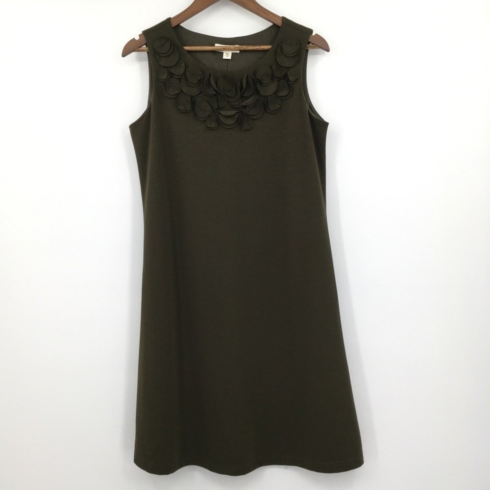 Coldwater Creek Floral Neckline Shift Dress Women 10 Olive Green Mod Classic 60s